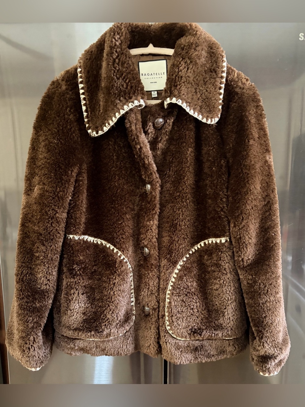 NWT Bagatelle Choc Brown Faux-Shearling Jacket M Contrast Trim Western Boho Cozy